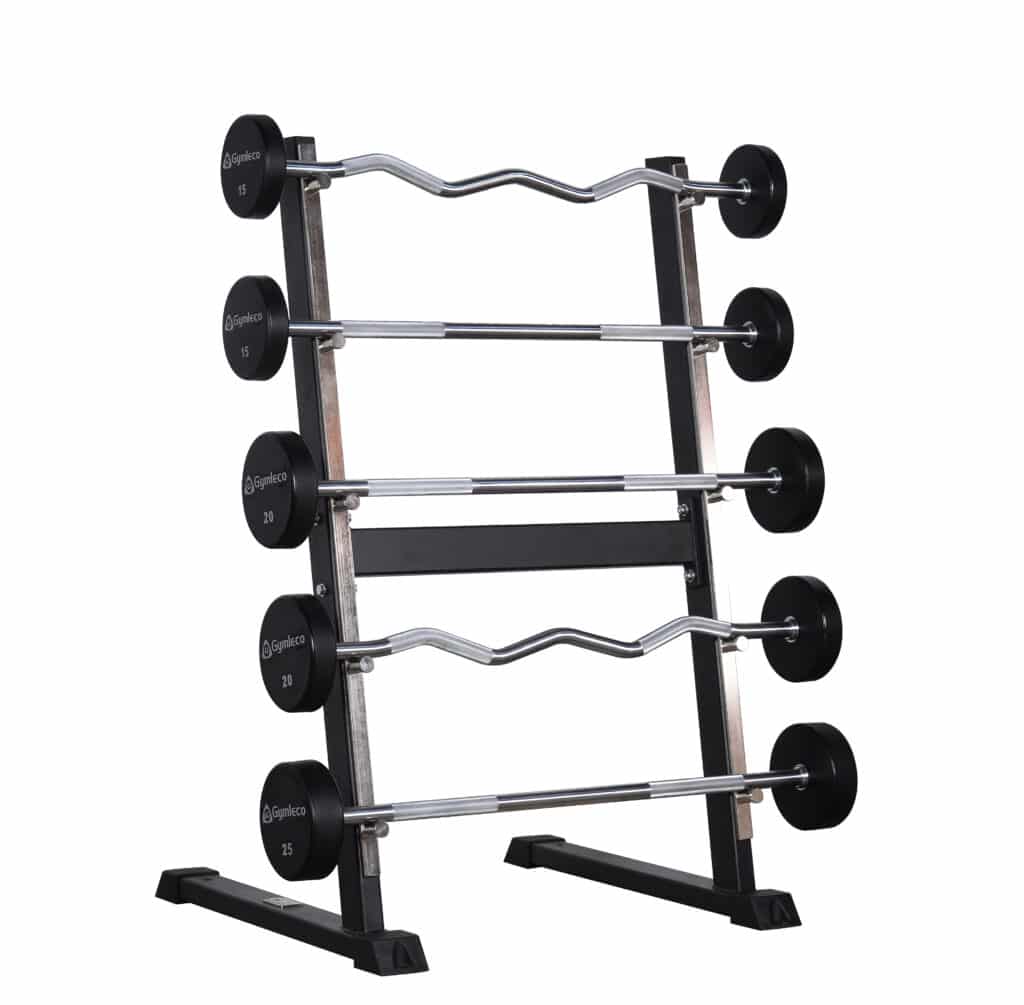 Rack with five places for fixed barbells
